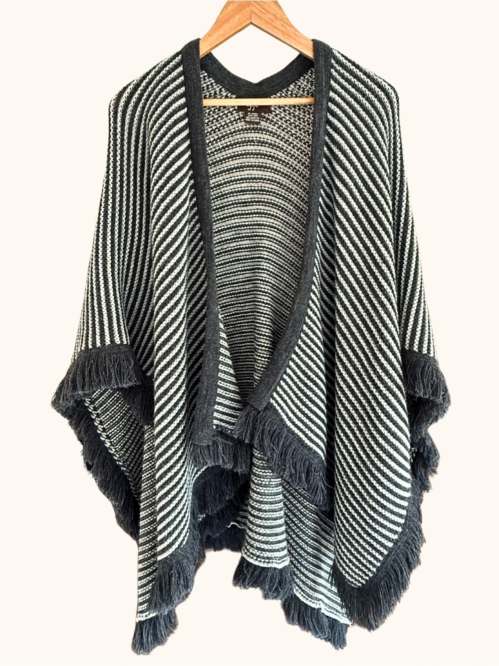 Eyeful Striped Fringe Ruana Poncho Wrap Dark Gray & Light Gray One Size
